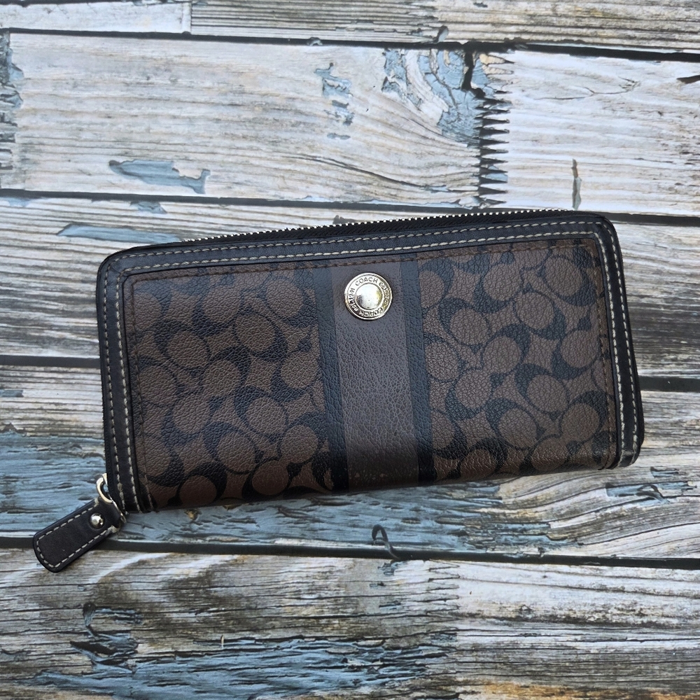 Coach Y2K Signature C Brown and Black Leather Accordion Zip Wallet